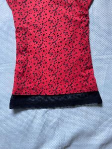 Red Floral Tank Top with Black Lace Trim