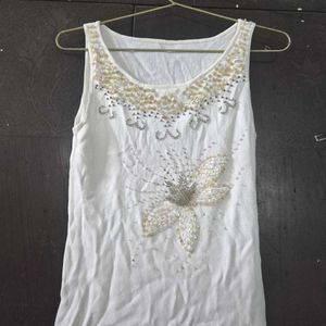 White Embellished  Top &amp; Navy Blue Flare