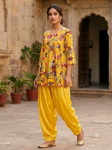 Vibrant Yellow Bird Print Kurta with Dhoti Pants