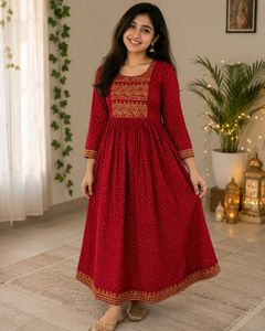 New naira cut Red Printed Kurta with  Embroide