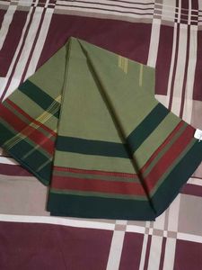 Green Cotton Saree with Striped Border