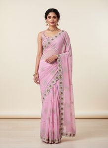 Elegant Pink Embroidered Chiffon Fabric