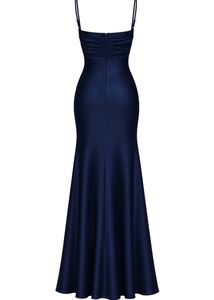 Elegant Navy Blue Satin Maxi Dress – Ruched Neckli