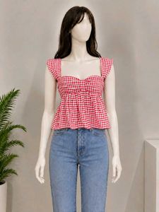 Red Gingham Sweetheart Neck Peplum Top