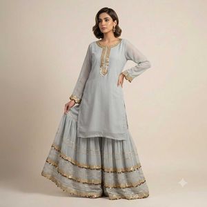 Elegant Grey Kurta Set with Embellished Sharara