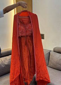 Elegant Orange short blouse and skirt with shrug