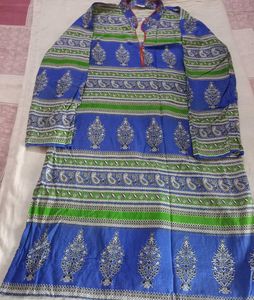 Blue & Green Printed Cotton Kurta