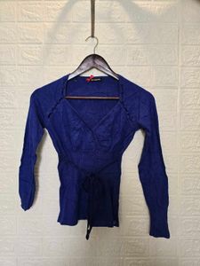 Chic Blue Wrap Top with Tie Belt