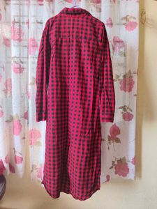 Red &amp; Black Checkered Maxi Shirt Dress(side slit)