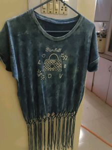 Blue Tie-Dye T-Shirt with Fringe Hem