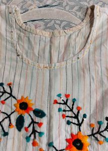 Striped Kurta with Floral Embroidery