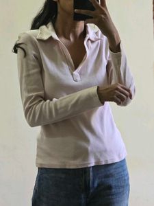 Soft Pink Collared Long Sleeve Top