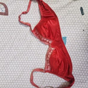 Lace Trimmed Red Satin Bra