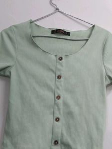 Light Green Ribbed Button-Up Top