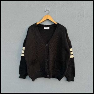 Black Knit Cardigan with Striped Sleeves