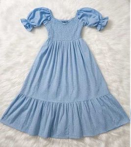 Aesthetic Light Blue Gingham Smocked Midi Dress