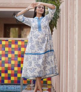 Elegant White & Blue Printed gown/dress
