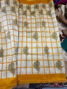 Elegant Cream &amp; Red Silk Saree