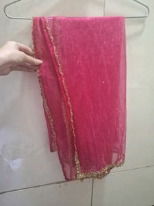 Pink Net Dupatta with Gold Border