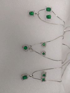 American Diamond Silver Green Pendant Set