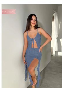 Blue Ruched Tie Front Dress