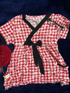 Red Gingham Floral Kimono Top Y2K Babydoll To