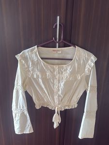 Cream Cotton Lace Trim Crop Blouse