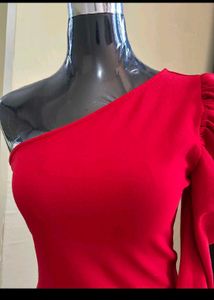 Elegant Red One-Shoulder Puff Sleeve Dress
