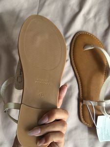 Cream T-Strap Flat Sandals