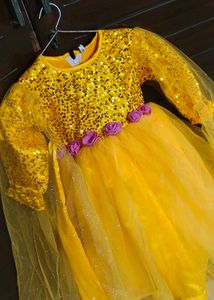 Girl Sparkling Yellow Party Gown with Capes