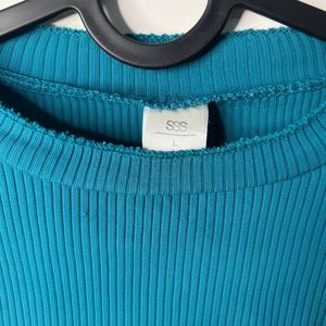 Teal Ribbed Long Sleeve Cropped Top