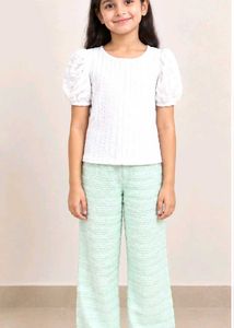 Stylish White Sleeve Top & Mint Pants Set