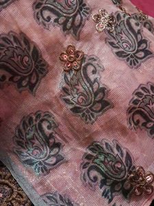 onion colour tissue chamki work saree