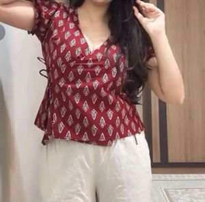Maroon cotton Printed Wrap Top