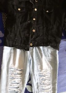 Classic Black Denim Jacket and jeans white colour