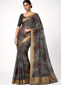Elegant Smoke Grey✨  Hand Embroidered Saree