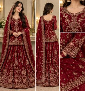 Red Velvet Embroidered Lehenga