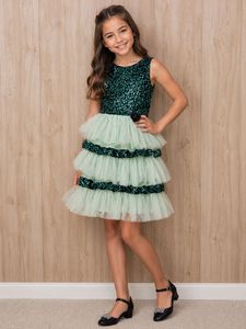 Princess Style Black Sequin Ruffle Dress for Girls
