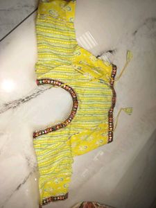 Yellow Printed Blouse with Mirror Work