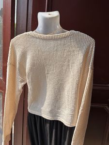 Cream Waffle Knit V-Neck Top