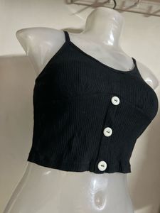 Black Ribbed Crop Top with Buttons