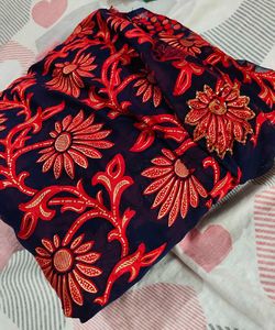 Exquisite Navy Blue Embroidered Saree