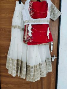 White &amp; Red Sequinned Lehenga Choli