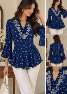 Embroidered Blue Floral bell sleeve top