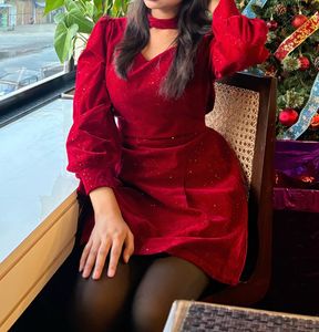 Sparkly Red A-Line Dress with Choker Neck