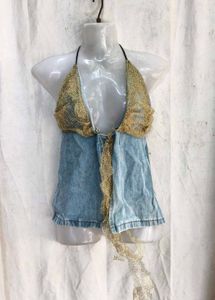 69. Denim &amp; Gold Chain Halter Top