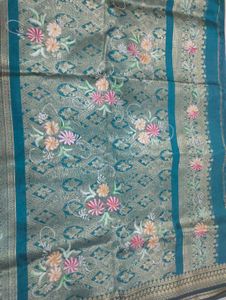 Teal Floral Silk Saree
