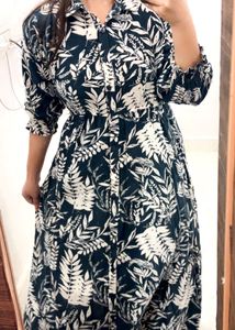 Stylish Leaf Print Button-Down Maxi Dress