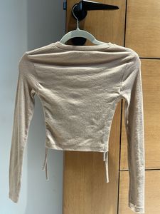 Mango Beige Ruched Long Sleeve Crop Top