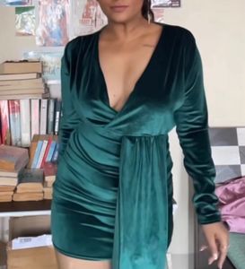 Elegant Emerald Velvet Wrap Dress
